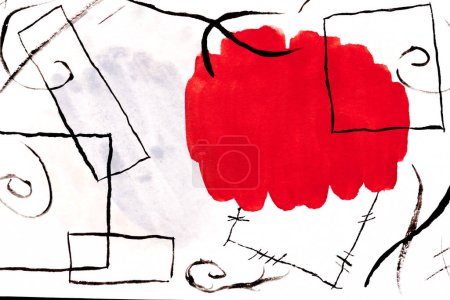 Foto de Fondo abstracto rojo, collage artístico. Líneas gráficas y formas geométricas negras sobre papel blanco - Imagen libre de derechos