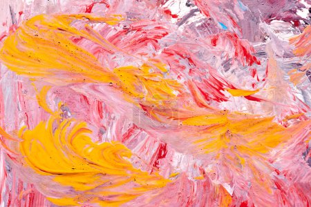 Foto de Fondo abstracto rojo y amarillo, collage artístico. Pinceladas caóticas y manchas de pintura sobre papel blanco - Imagen libre de derechos
