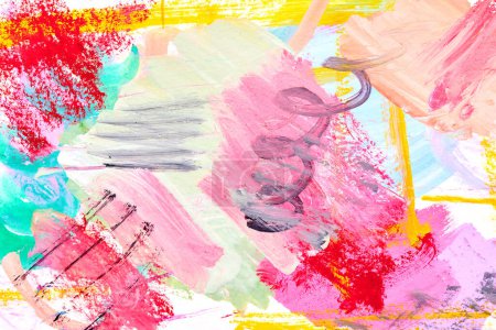 Foto de Fondo abstracto del arte. Manchas multicolores, líneas, puntos y pinceladas sobre papel, patrón de impresión para postal o ropa - Imagen libre de derechos