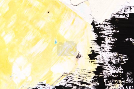 Foto de Fondo abstracto amarillo y negro, collage artístico. Manchas, pinceladas, líneas y manchas sobre papel blanco - Imagen libre de derechos