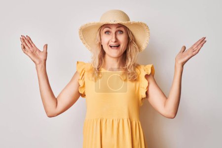 Photo for Portrait adult woman happy face smiling joyfully with raised palms and shocked open mouth isolated on white studio backgroun - Royalty Free Image