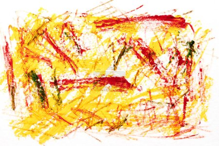 Téléchargez les photos : Fond abstrait jaune et rouge, collage artistique. taches, traits de peinture, lignes et taches sur papier blanc - en image libre de droit