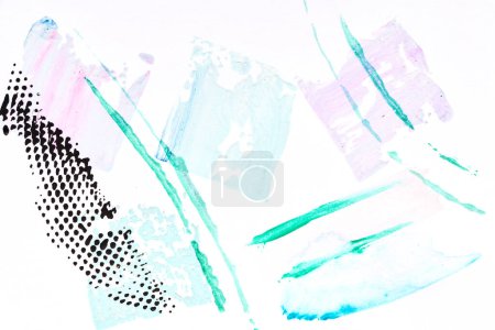 Foto de Fondo abstracto del arte. Manchas de acuarela, líneas, puntos y pinceladas en papel blanco, patrón de impresión para postal o ropa - Imagen libre de derechos