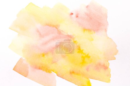 Foto de Fondo amarillo abstracto. Manchas de acuarela, líneas, puntos y pinceladas en papel blanco, patrón de impresión para postal o ropa - Imagen libre de derechos