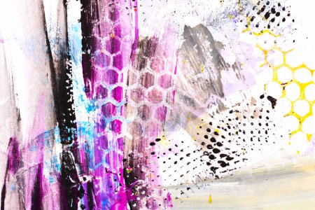 Foto de Fondo púrpura abstracto. Manchas de acuarela, líneas, puntos y pinceladas en papel blanco, patrón de impresión para postal o ropa - Imagen libre de derechos