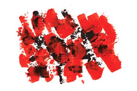 Téléchargez les photos : Fond abstrait rouge et noir, collage artistique. Coups de pinceau chaotiques et taches de peinture sur papier blanc - en image libre de droit