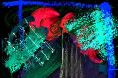 Foto de Manchas multicolores abstractas sobre fondo negro. Patrón de impresión para tarjetas, ropa, banner, fondo de pantalla en contraste oscuro - Imagen libre de derechos