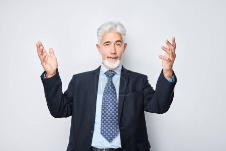 Photo for Portrait gray-haired man happy face smiling joyfully with raised palms and shocked open mouth isolated on white studio backgroun - Royalty Free Image