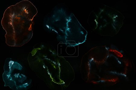 Photo for Abstract multicolor blots on black background. Print pattern for cards, clothes, banner, dark contrasting wallpaper - Royalty Free Image