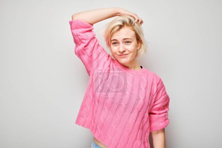 Photo for Portrait of tired girl with sad face feeling emotional burnout on white background. Nerves, stress, uncertainty concep - Royalty Free Image