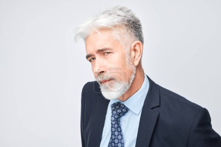 Téléchargez les photos : Portrait d'homme d'affaires mature aux cheveux gris et à la barbe portant un costume à la recherche réfléchie - en image libre de droit