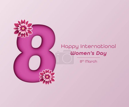 Pink Happy Women's Day Typographic Design Elements with Flowers, International women's day symbol, Illustration for the social media post, greeting card, banner etc