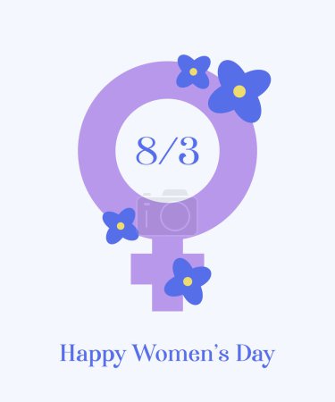 Señal de mujer púrpura con flores, concepto de Día Internacional de la Mujer, ilustración vectorial para el post de redes sociales, tarjeta de felicitación, pancarta, etc..