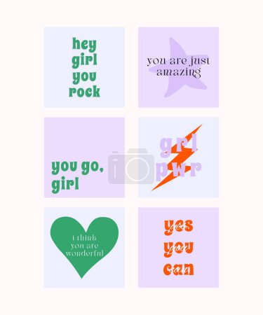 Women's day concept theme editable template social media set, purple, green and orange random design with frame on square background, Girl Power Template design