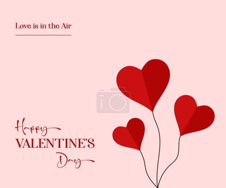 Valentine's Day postcard with flying heart shaped balloons on soft red background. Romantic poster. Vector symbols of love in shape of heart for greeting card design