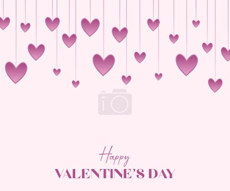Valentine's Day background with pink hearts that hang from the clothesline above. Vector illustration. Wallpaper. Flyers, invitations, posters, brochures, banners.