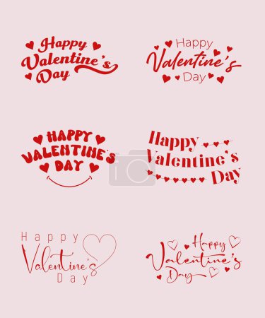 Collection of red Happy Valentine's Day lettering inscription, Set of Happy Valentine's Day text on pink background, Typographic vector art