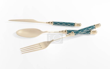 Téléchargez les photos : Cuillère dorée Lux et fourchette et couteau isolés - en image libre de droit