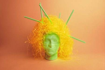 Abstract concept of a scatterbrain, modelhead with crazy hair and straws