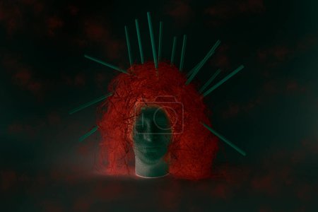 Abstraktes Konzept eines Streuhirns, Modelkopf mit verrückten Haaren und Strohhalmen