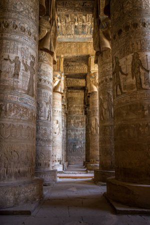 Columns in the Dendera Temple to Hathor in Qena, Egypt
