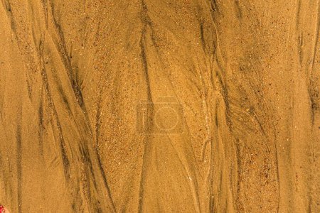 Nahaufnahme von Sand mit Gezeitenwegen und Muscheln am Strand, Vollbild-Textur