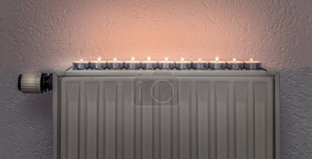 Tealights on a wall heater, concept of alternative heeating possibilities during the energy crisis and turning down the regular heating sources
