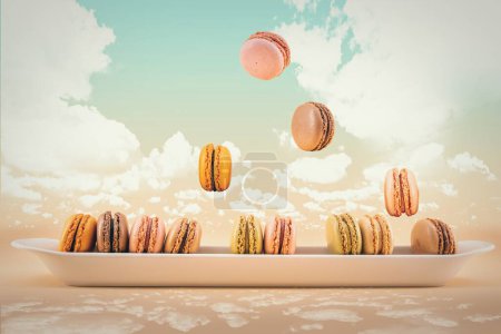 Flying macaroons over a row of macaroons