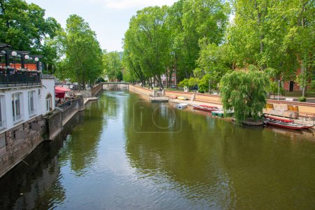 Rivière du Rhin en journée d'été. Paysage naturel dans la petite vieille ville. remblai fluvial en Allemagne avec café, pont, bateaux et arbres.
