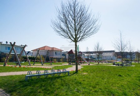 Empty closed playground for children. Coronavirus 2020 in Europa. 