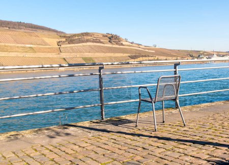 Lonely metal chair costs on a river opposite to the panorama on ranks of the vineyards. Relaxing and calm in spring sun day. Peace.