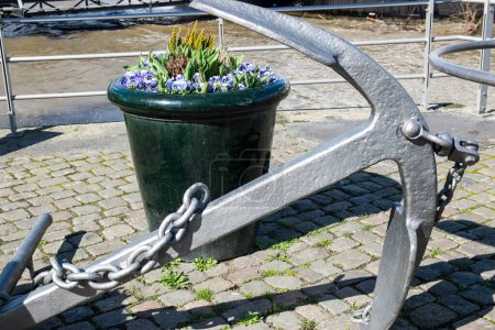 Anchor of the ship on a embankment in a port, near a river and pot with flower.