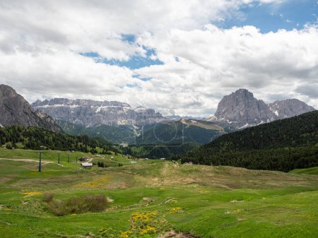 Sella group mountain (left) with Langkofel and Plattkofel (right) in the Dolomites, Italy, as seen from the hiking trail to Seceda mountain.