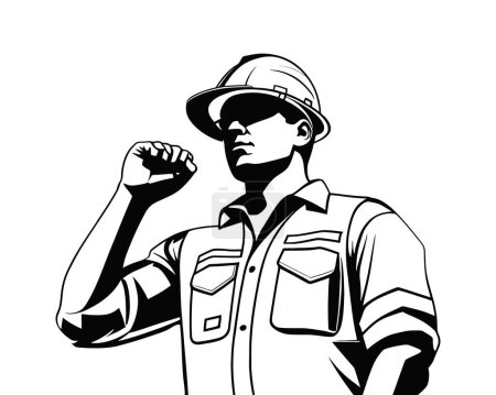 hombre trabajador, hombre musculoso, hombre con casco levantando las manos, silueta de trabajador de la construcción