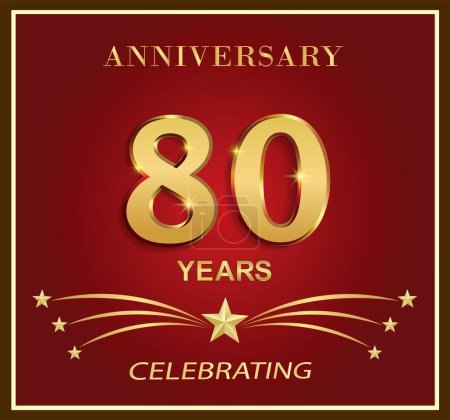 Ilustración de Plantilla de logotipo del 80º aniversario. Número dorado 80 años con estrellas sobre un fondo rojo en el marco. Diseño de vacaciones vectoriales para tarjeta de felicitación, folleto, cubierta, póster, web, cumpleaños. - Imagen libre de derechos