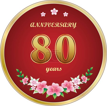 Ilustración de Celebración del 80 Aniversario. Diseño de fondo con números creativos y estampado floral en marco redondo dorado. Ilustración vectorial - Imagen libre de derechos