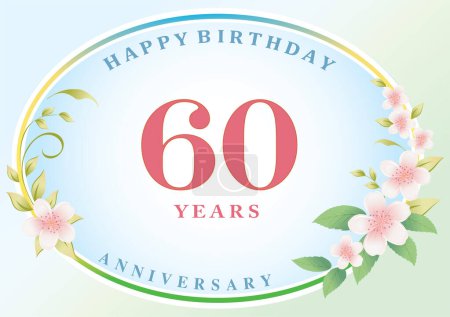 Jubiläum 60 Jahre, Geburtstagskarte mit Blumenmuster auf buntem, zartem Hintergrund in einem Oval mit Glückwunschtext. Vektorillustration