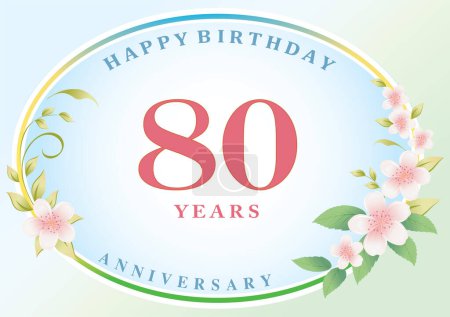 Ilustración de Aniversario 80 años, tarjeta de cumpleaños con patrón floral sobre fondo delicado multicolor en un óvalo con texto de felicitaciones. Ilustración vectorial - Imagen libre de derechos