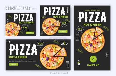 Illustration for Vector illustration of four pizza with four different types of food and drink. - Royalty Free Image