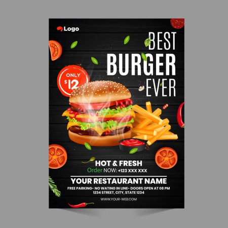 Illustration for Fast Food Flyer Design Template cooking, cafe and restaurant menu, food ordering, junk food. Pizza, Burger, French fries and Soda. Vector illustration for banner, poster, flyer, cover, menu, brochure. - Royalty Free Image
