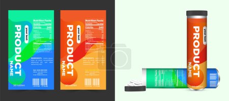 Illustration for Multi vitamin label sticker design and natural calcium food supplement banner packaging, capsule or tablet bottle jar label vitamin oil product print ready vector modern box with mockup. - Royalty Free Image