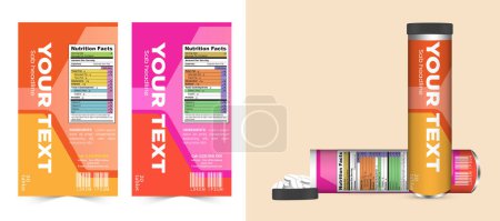 Illustration for Multi vitamin label sticker design and natural calcium food supplement banner packaging, capsule or tablet bottle jar label vitamin oil product print ready vector modern box with mockup. - Royalty Free Image
