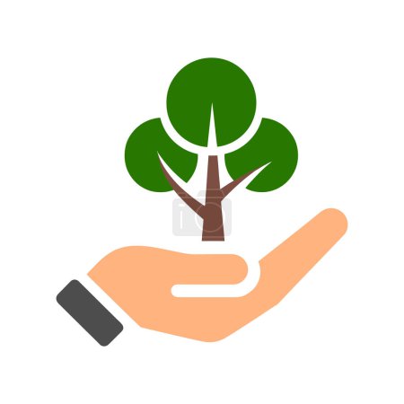 Human hand holds a small green tree vector illustration.