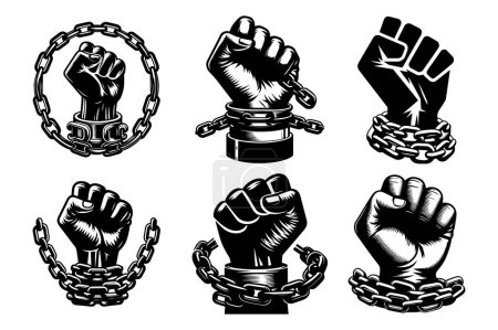 Fist of strong man raised with iron chain set. Juneteenth freedom concept design illustration.
