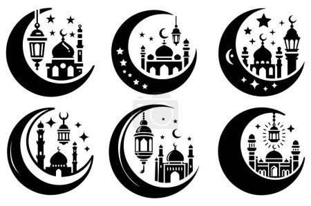 Conjunto de siluetas de luna y mezquita. Símbolo del festival islámico. Feliz Eid al-Adha. Feliz Eid al-Fitr. Ramadán mubarak.