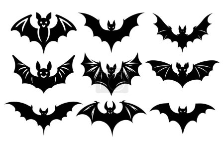 Silhouette of flying bat traditional Halloween symbol set.