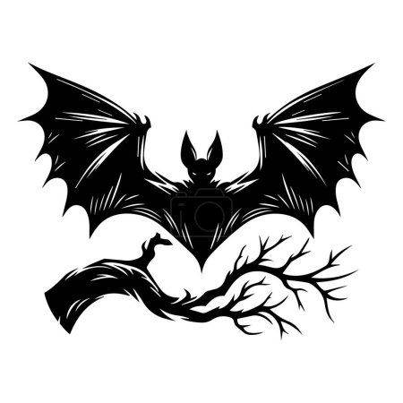 Flying bat on a branch vector illustration for traditional Halloween.