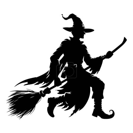 Happy Halloween Witch with broom silhouette vector illustration.