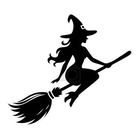Silhouette of a witch flying on a broomstick vector illustration.