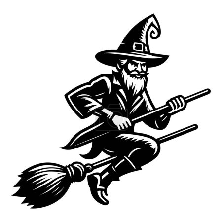 Wizard flying on a broom vector illustration. Happy Halloween Witch vector silhouette illustration.